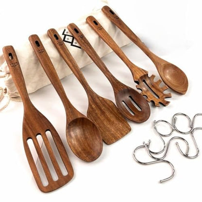 Wooden Utensils for Cooking, Premium Teak Healthy Spoons, Wooden Spoons for Cooking, Durable Eco-Friendly and Safe Teak Cooking Spoon, Cooking Gifts for Mom (set of 6) and Hooks