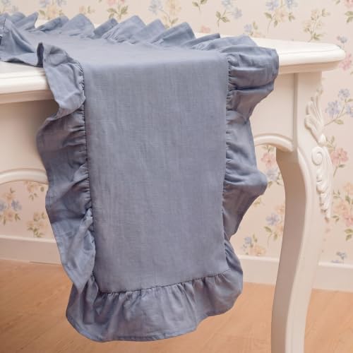 HunnmingRe Grey Blue Ruffled Table Runner 72 Inch Scalloped Tablecloth Cotton Flounces Washable Home Farmhouse Rustic Kitchen Decor for Rectangle Table Thanksgiving Christmas Party Wedding - color: Grey Blue, size: 14 x 72 Inch