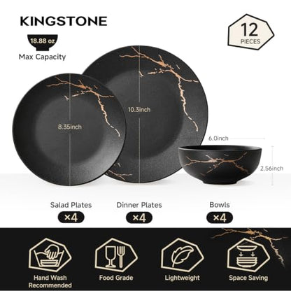 12-Piece Matte Crackle Dinnerware Set, Black and Gold | Porcelain Plates & Bowls Set | Scratch Resistant Handcrafted Gold Luster | Microwave, Dishwasher Safe | Serves 4 | Ideal Gift - size: Service for 4 (12pcs)