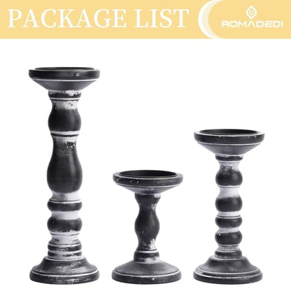 Romadedi Black and Gray Distressed Wood Pillar Candle Holders, Set of 3 | Rustic Farmhouse Wood Candle Set for Mantel, Dining Table Centerpiece, Entryway, Shelf. - color: Black