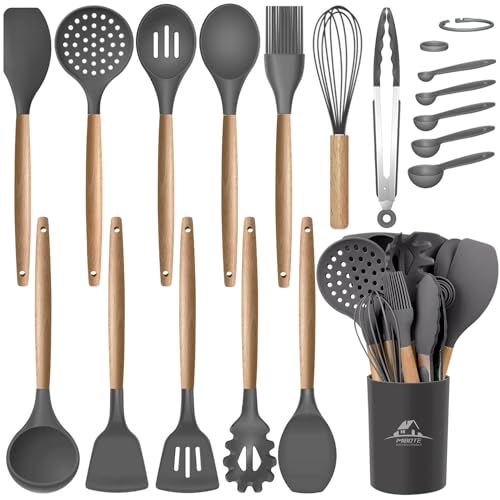 MIBOTE Silicone Cooking Kitchen Utensils Set, 17 Pcs, Wooden Handle, Grey | BPA-Free, Non-Toxic Silicone Turner, Tongs, Spatula, Spoon Set – Great for Nonstick Cookware, Heat-Resistant, Easy Clean - color: Gray