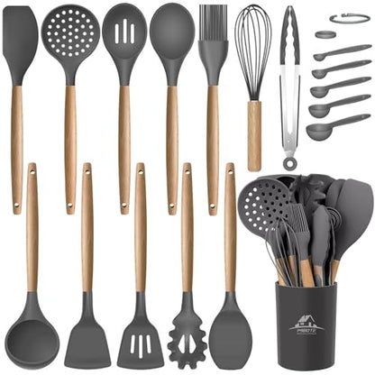 MIBOTE Silicone Cooking Kitchen Utensils Set, 17 Pcs, Wooden Handle, Grey | BPA-Free, Non-Toxic Silicone Turner, Tongs, Spatula, Spoon Set – Great for Nonstick Cookware, Heat-Resistant, Easy Clean - color: Gray