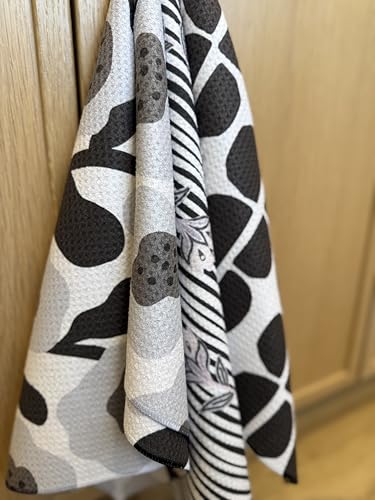 Kitchen Towels, Dish Towels for Kitchen, 3 Pc Kitchen Towel Set | Microfiber Waffle Towels, 16 x 26 inches, with Hanging Loops, Reusable Tea Towels, Cute Kitchen Towels - 3 Pack - color: Black/Gray