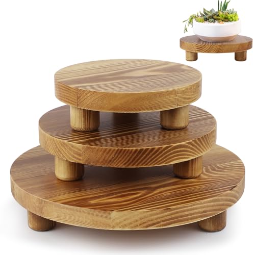 Wooden Plant Stands,Wood Risers Indoor Outdoor for Decor,Wooden Stool Display Stand for Home Table Bathroom Kitchen,Round Brown,3PCS