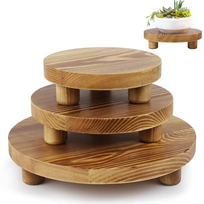 Wooden Plant Stands,Wood Risers Indoor Outdoor for Decor,Wooden Stool Display Stand for Home Table Bathroom Kitchen,Round Brown,3PCS