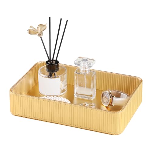 Valet Tray Organizer Bedside Nightstand Organizer Desk CatchallTray | PU Leather, Soft Lining, Larger Size, Decorative Modern Design, Aesthetic Stripes, Waterproof And Stain-Resistant - color: Gold