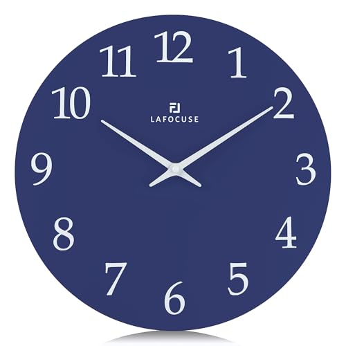 Lafocuse 12 Inch Wooden Navy Blue Wall Clock Battery Operated, Simple Minimalist Silent Kitchen Wall Clock for Living Room Decor Bedroom (Metal Hands) - color: Navy Blue
