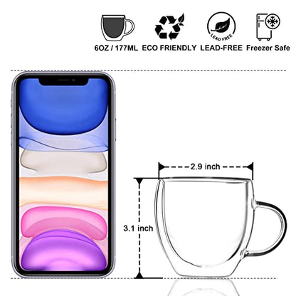 KitchenTour Insulated Coffee Mug 6 oz- Double Wall Glass Coffee Cup with Handle Set of 4 - Clear Glass Drinkware for Espresso，Cappuccino, Latte，Hot Beverages - style: 6oz