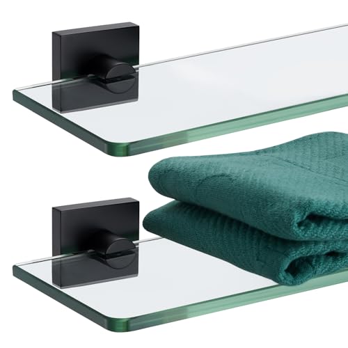 KOKOSIRI Bathroom Glass Shelf 16-Inch Tempered Glass Floating Shelves Shower Storage Kitchen Rack Wall Mount, 2 Pack Black Stainless Steel B1107BK-L16-P2 - color: Matte Black, size: 16-Inch(2 Pack)