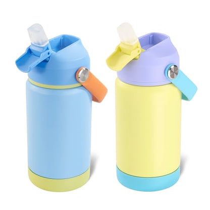 Kerilyn 12oz Kids Water Bottle 2 Pack, Stainless Steel Insulated Water Bottle Bulk, Toddler Cups with Straws Leak-Proof, Kids Water Bottles for School Boys Girls, BPA Free, Cream + Sky 2 Piece Set - color: A. Cream+Sky