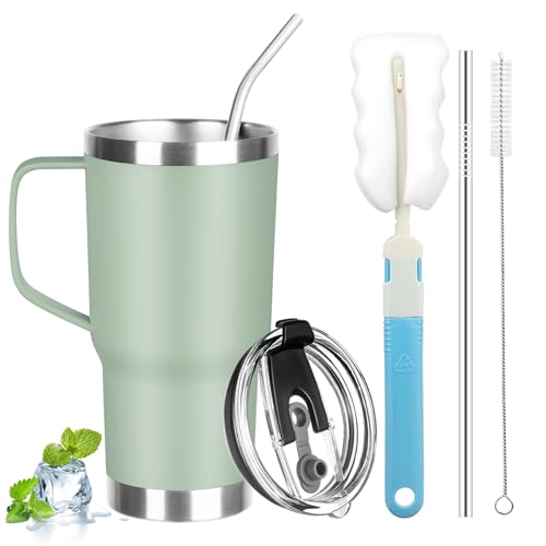 20 oz Tumbler with Handle, Stainless Steel Insulated Tumbler with Lid and Straw, Double Wall Vacuum Coffee Mug Tumbler, Insulated Coffee Thermal Cup for Cold and Hot (Matcha) - color: Matcha, size: 20 Ounces