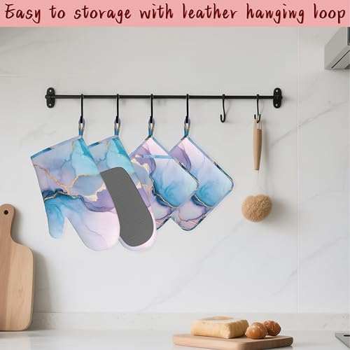 Golden Marble Pink Purple Blue Heat-Resistant Silicone Oven Mitts and Pot Holders,Long Oven Gloves with Non-Slip Grip for Cooking, Baking, Grilling,BBQ - color: Pink Purple Blue Golden Marble