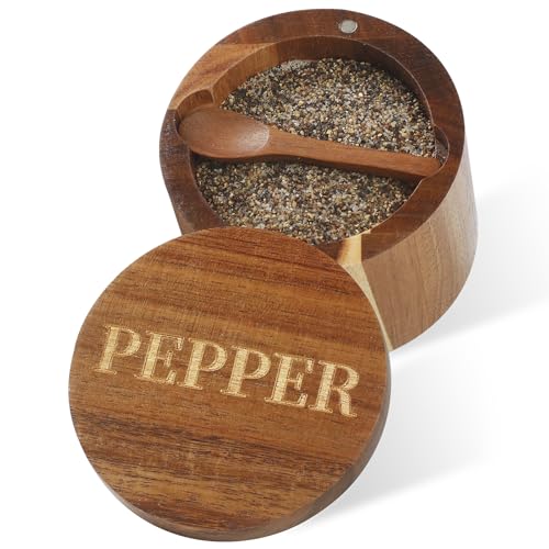 PEPPER Cellar, Acacia Wood Salt Container with Built-in Spoon & Swivel Lid, Engraved PEPPER Box, Salt Holder Bowl for Countertop Seasoning Storage - color: Acacia Wood PEPPER Cellar