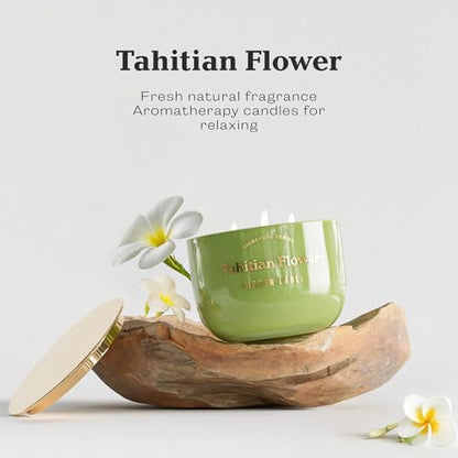 Hidden Label Tahitian Flower Candle, 18oz 3 Wick, 70H Tropical | Sage Green Glass Bowl | Mirror Gold Lid | Exotic Floral Scent | Non Toxic Soy Wax - color: Tahitian Flower