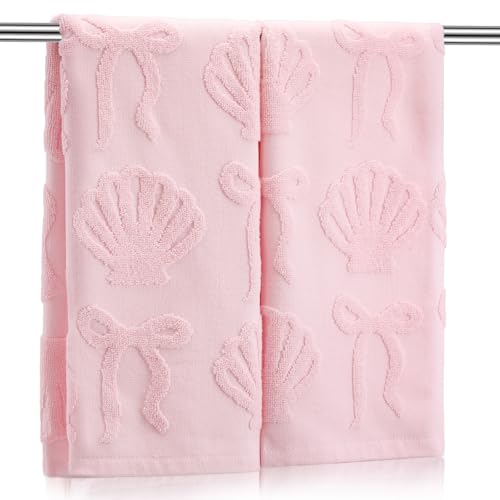 2 Pcs Coastal Pink Hand Towels for Bathroom Beach Decor,100% Cotton | Jacquard Weave with Seashell Decor, Coastal Preppy Style for Teen Girls Bathroom, Soft Absorbent Towels Set, 13.7x29.5 Inch - color: Pink, style: Seashell