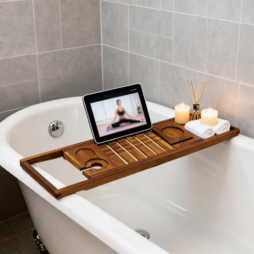 Utoplike Teak Bathtub Caddy, Expandable Bath Table Tray for Tub | Solid Wooden Bathtub Organizer with Book Tablet, Wine Glass Cup, Towel Holder, Adjustable