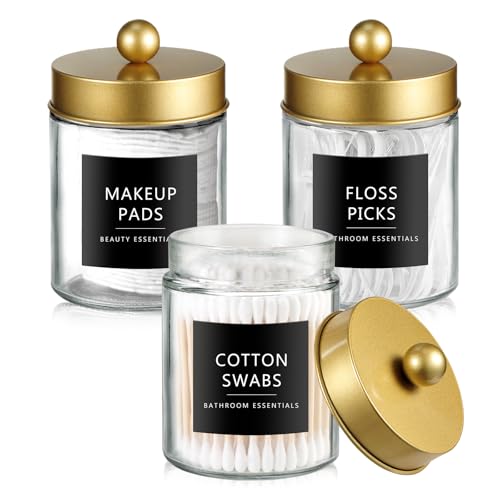 SheeChung 3 Pack Glass Qtip Holder with Gold Stainless Steel Lids | Apothecary Jars with Stickers, Countertop Canister Guest Bathroom Storage Organizer Set for Cotton Swabs/Balls, Floss Picks - color: Gold, size: 3 pack