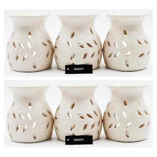 Hosley Elegant Ceramic Oil Warmers with Leaf Pattern and Speckle Design 4.5 Inches High Tealight Compatible for Aromatherapy and Home Decor Set of 6 - color: Cream 3