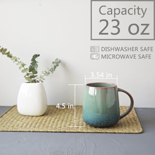 Bosmarlin Large Ceramic Coffee Mug Set of 4, 23 Oz, Microwave and Dishwasher Safe, Reactive Glaze, Big Oversized Tea Cup (Pale Green) - color: Teal