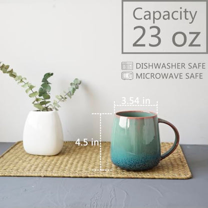 Bosmarlin Large Ceramic Coffee Mug Set of 4, 23 Oz, Microwave and Dishwasher Safe, Reactive Glaze, Big Oversized Tea Cup (Pale Green) - color: Teal