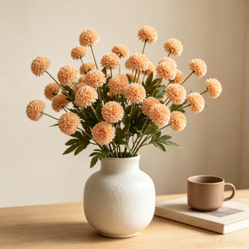Fake Silk Chrysanthemum, Apricot Peach, 10 Pcs | Mini Mums with Stems, DIY Bouquets, Home Decor Floral Arrangements, Vase Fillers, Wedding Centerpieces - color: Apricot Peach