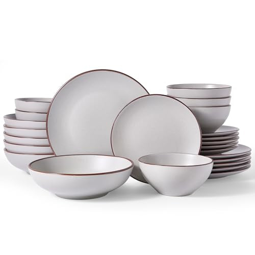 Famiware Venus Stoneware Dinnerware Sets with Pasta Bowls, Dishes Set for 6 | 24pc Ceramic Plates and Bowls with Rim, Chip‑Resistant, Everyday & Formal Use, Microwave & Dishwasher Safe, Matte Light Gray - color: Light Gray, size: Serves 6 (24pc w/ Pasta B