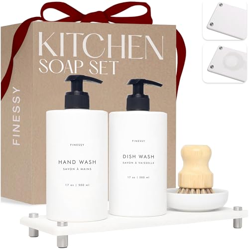 FINESSY White Bathroom and Kitchen Soap Dispenser Set with Tray and Brush | BPA Free Plastic Hand Soap Dispenser Set Of 2 Bottles, 500ml Each With Brush & Ceremic Holder on A Marble-Look Resin Tray - color: Minimalist White