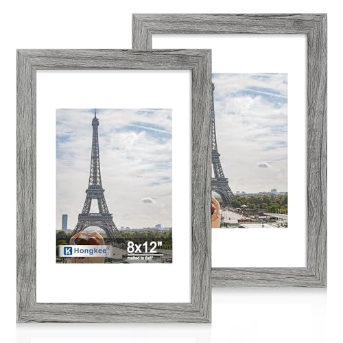 Hongkee 8x12 Picture Frame Set of 2, Made of Real Glass and Grey Wooden Frame - Display Pictures 6x8 with Mat or 8x12 Without Mat, 8 by 12 Photo for Wall or Tabletop - color: Grey, size: 8X12 in