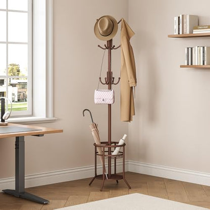 ELYKEN Coat Rack Freestanding, Metal Coat Rack with Umbrella Holder | 12 Hooks, Round Base, Heavy Duty Floor Standing Coat Tree for Entryway, Hallway, Living Room, Bedroom, Office, Brown - color: Brown