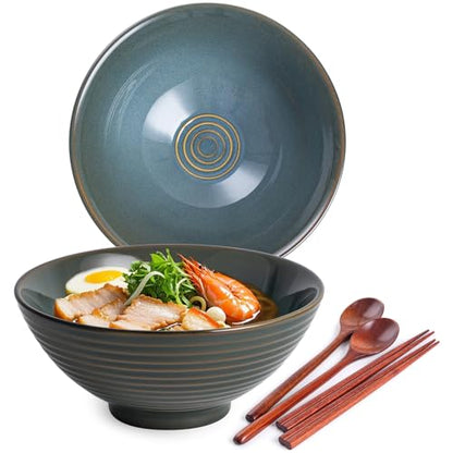 Ceramic Japanese Ramen Bowl Set, 2 Sets Asian Pho Udon Soup Noodle Bowls with Spoons and Chopsticks (Olive Green, 8 inches) - color: Olive Green