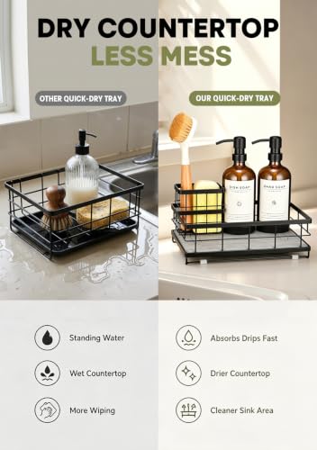 [Extra Large] Kitchen Soap Dispenser Set, 2 Glass Dish Soap Dispensers with Stainless Steel Pumps, Quick-Dry Stone Tray, Sink Caddy Organizer with Sponge Holder, All-in-One Countertop Organization Set