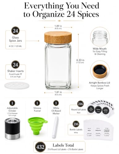 Spice Jar Set, 24 Pcs 4oz Glass Spice Jars with Labels and Bamboo Lids, Square Spice Bottles with Shaker Lids for Cabinet, Drawer, Pantry and Spice Rack Organization