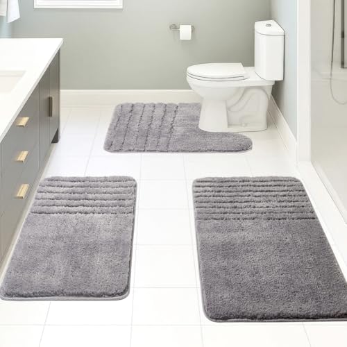 Bath Rugs Set 3 Pieces Bathroom Mat Soft Absorbent Plush Shaggy Soft Floor Non Slip Shower Bath Tub Machine Washable - color: Charcoal-strip, size: 20"x32"/20"x20"/17"x24"