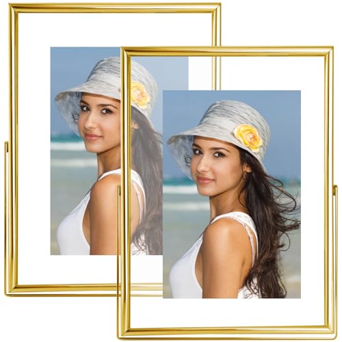 4x6 Floating Picture Frames Set of 2, Made of Metal and Double Real Glass, for Photo Size up to 6x8, Tabletop Display Home or Wedding Decoration (Vertical Gold) - color: Gold (Vertical), size: 6x8 for 4x6 (2 Pcs)
