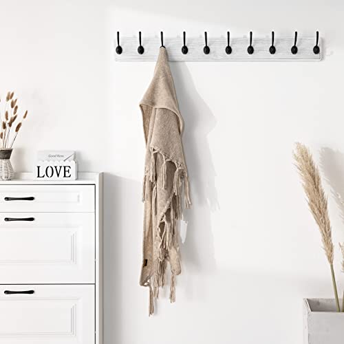 SKOLOO Farmhouse Style Large Wall Mounted Coat Rack-38.6'' Long, Pine Solid Wood Coat Hook Hanger - 10 Hooks for Hanging Clothes Robes Towels Coats - color: White Plate & Black Hook, size: 1 Item-10 Hooks