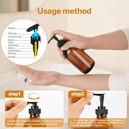 Vitreaux Amber Glass Soap Dispenser 8oz, 3 Pack with Leak-Proof Pump, Refillable Small Glass Bottles for Hand Soap, Lotion, Shampoo & Dish Soap, Includes Protective Black Caps & Easy-Pour Funnel