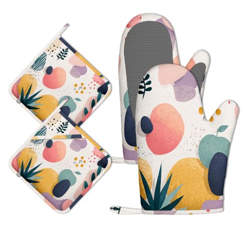 Oven Mitts and Pot Holders Boho Tropical Leaves Silicone Kitchen Accessories Set of 4 Heat Resistant Gloves Potholder Non-Slip Grip for Chef Cooking Baking Grilling BBQ - color: Boho Tropical Leaves