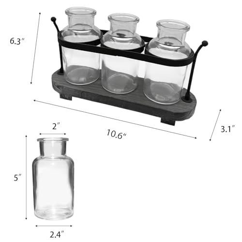 Propagation Stations with Rustic Wood Metal Stand, Glass Vase Set with Wicker Basket Holder, 3 Bottles, Rustic Farmhouse Decor, Home and Office Table Decor (Set of 3 Bottles)