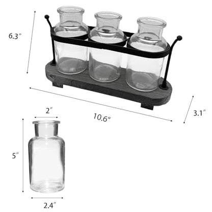 Propagation Stations with Rustic Wood Metal Stand, Glass Vase Set with Wicker Basket Holder, 3 Bottles, Rustic Farmhouse Decor, Home and Office Table Decor (Set of 3 Bottles)