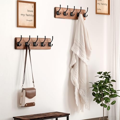 Wall Mounted Coat Rack: Patented, Heavy-Duty, 17.4" Long 5-Double-Hooks Wooden Hanger Rail for Winter Coats, Hat, Jacket, Clothing - Natural & Black, Pack of 2 - color: Natural & Black, size: L=17.4" (2pcs)