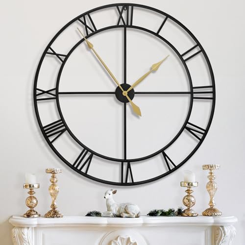 LEIKE 40 Inch Extra Large Modern Wall Clock, Oversize Rustic Round Nearly Silent Battery Operated, Black Metal Roman Numerals Wall Clocks for Living Room, Bedroom, Entrance Home Decor - color: Black-roman Number, size: 40 Inch