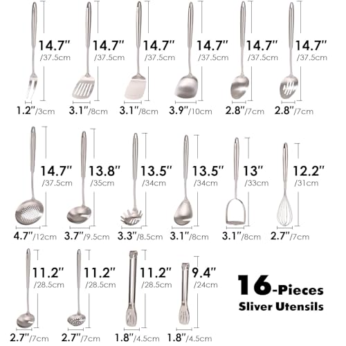 18/10 Stainless Steel Cooking Utensils Set - 16 PCS All Metal Utensils | Kitchen Tools - Whisk, Masher, Fork, Tong, Solid Slotted Spoon, Spatula, Turner, Ladle, Skimmer, Pasta, Small Large Spoon Set - color: 16-Pieces