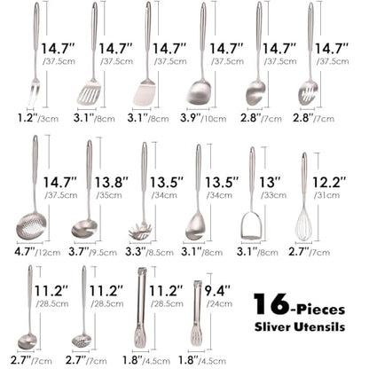 18/10 Stainless Steel Cooking Utensils Set - 16 PCS All Metal Utensils | Kitchen Tools - Whisk, Masher, Fork, Tong, Solid Slotted Spoon, Spatula, Turner, Ladle, Skimmer, Pasta, Small Large Spoon Set - color: 16-Pieces