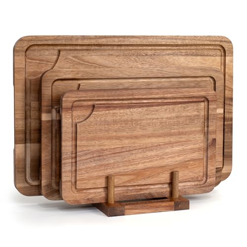 WILLKOMMEN Acacia Wood Cutting Board Set for Kitchen, 3-Piece Chopping Boards with Stand & Juice Groove & Handles, Heavy Duty Wooden Butcher Block for Meat, Vegetables (Small, Medium, Large) - color: Acacia Wood Set of 3