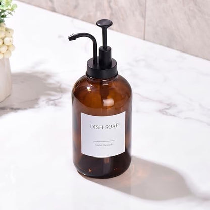 Glass Soap Dispenser with Upgrade Pump, Hand and Dish Soap Dispenser for Bathroom Kitchen, Soap Dispenser Set with 9 Stickers Funnel Bamboo Tray 500ml 18oz Amber - color: Amber