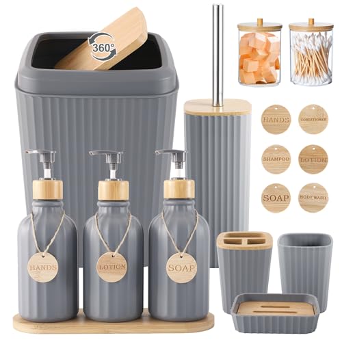 Grey Bathroom Accessories Set 17PCS Bathroom Set with Trash Can 3PCS Lotion Soap Dispenser, Toothbrush Holder, Soap Dish,Tumbler Cup,6PCS Wood Tags Bath Accessories with Tray for Bathroom - size: Bath Set, style: Grey