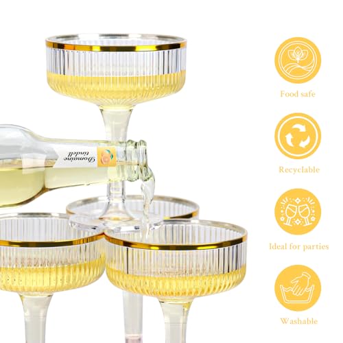 30 Pack Clear Champagne Tower Glasses 7OZ Plastic Martini Glasses Champagne Coupe Glass Cocktail Glass with Gold Rim Champagne Flutes Stackable Stemmed Coupe Glass for Weddings Birthday Party - color: Clear