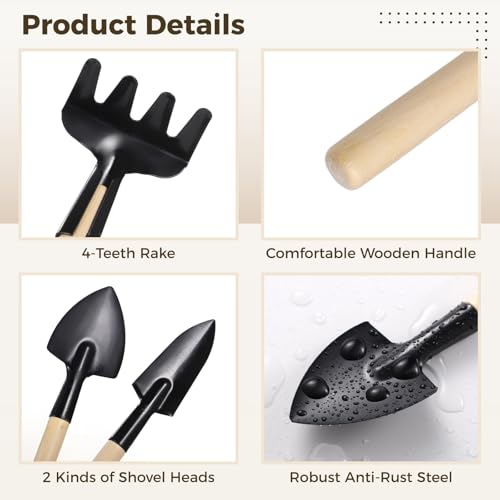 8 Sets Mini Gardening Tools, Portable Garden Tool with Wooden Handle, Steel Hand Tool Kit with Rake, Trowel, Shovel for Bonsai, Succulents, Herbs, Indoor Plants, Small Pot Gardening