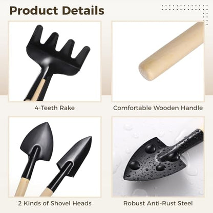 8 Sets Mini Gardening Tools, Portable Garden Tool with Wooden Handle, Steel Hand Tool Kit with Rake, Trowel, Shovel for Bonsai, Succulents, Herbs, Indoor Plants, Small Pot Gardening