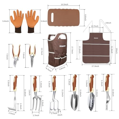 Brown Garden Tools Set 12-Piece, Gardening Gifts for Women Men | Aluminum Garden Hand Tool Kit with Non-Slip Ergonomic Handle, Storage Tote Bag, Apron, Gloves and Kneeling Pad for Gardeners - color: brown